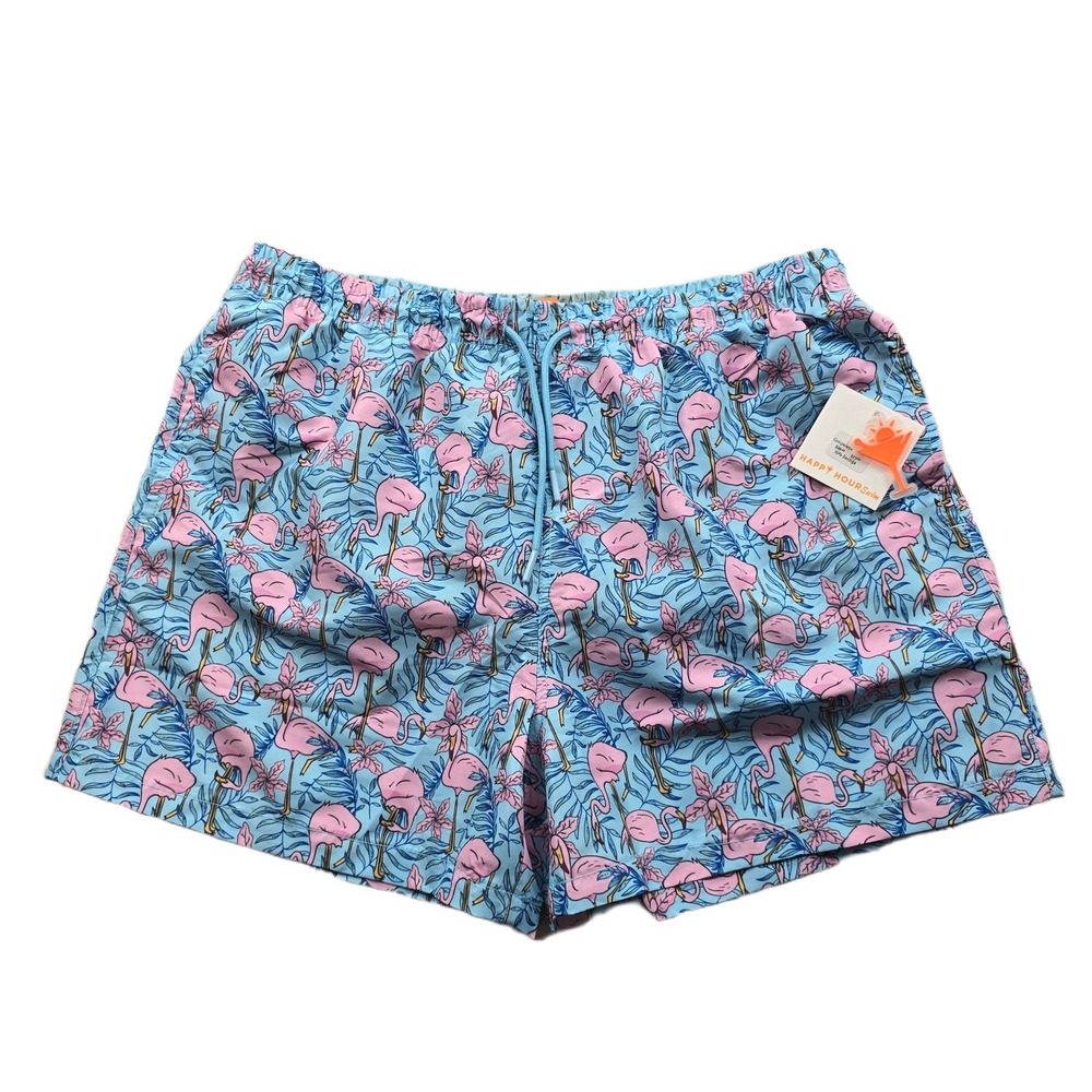 Happy Hour Swim Trunks Mens 2XL Blue‎ Pink Flamingo Tropical Cypress NEW